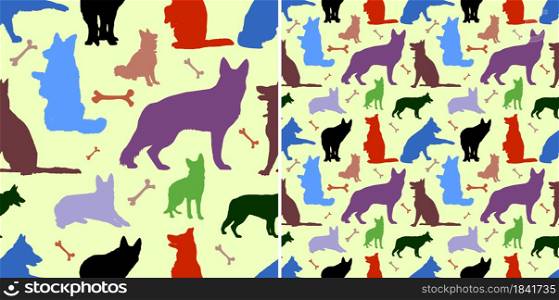 funny children seamless pattern, dogs in various poses, black on a color background