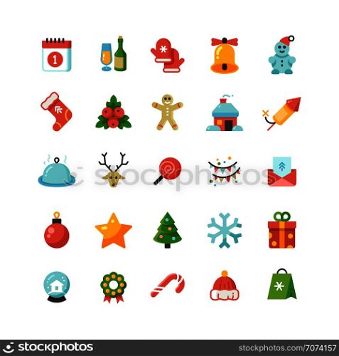 Funny christmas and new year holiday cartoon flat vector icons. Christmas elements icon collection illustration. Funny christmas and new year holiday cartoon flat vector icons