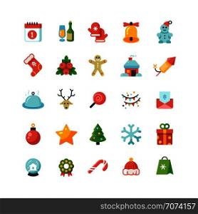 Funny christmas and new year holiday cartoon flat vector icons. Christmas elements icon collection illustration. Funny christmas and new year holiday cartoon flat vector icons