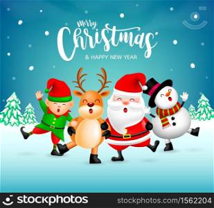 Funny Christmas Characters design on snow background, Santa Claus, Snowman, elf and Reindeer. Merry Christmas and Happy new year concept. Vector illustration isolated on winter landscape background.