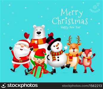 Funny Christmas Characters design on snow background, Santa Claus, Snowman, Reindeer, Polar bear and Fox. Merry Christmas and Happy new year concept. Illustration isolated on blue background.