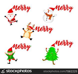 Funny Christmas Characters design with merry text, Santa Claus, Snowman, Christmas tree and Reindeer. Merry Christmas and Happy new year concept. Illustration isolated on white background.