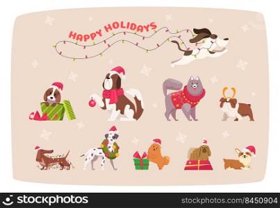 Funny christmas dogs. Cute puppy in winter clothes animals in scarf and sweater exact vector cartoon illustration set. Christmas puppy and winter dogs holiday. Funny christmas dogs. Cute puppy in winter clothes animals in scarf and sweater exact vector cartoon illustration set