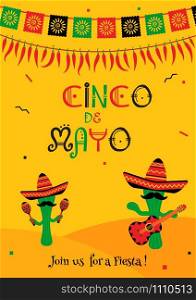 Funny cinco de mayo festival invitation poster. Festive yellow design with two cactus mariachi in sombrero with guitar and maracas. Vector illustration for restaurant menu, web banner or promo flyer.. Cactus mariachi cinco de mayo party invitation