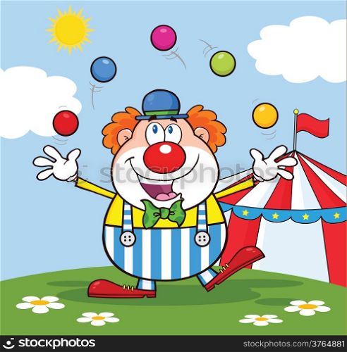 Funny Clown Cartoon Character Juggling With Balls In Front Of Circus Tent
