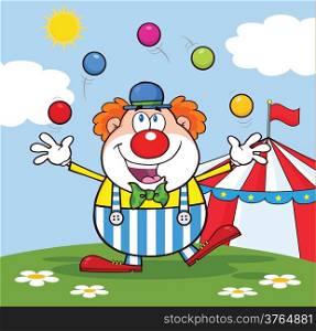 Funny Clown Cartoon Character Juggling With Balls In Front Of Circus Tent
