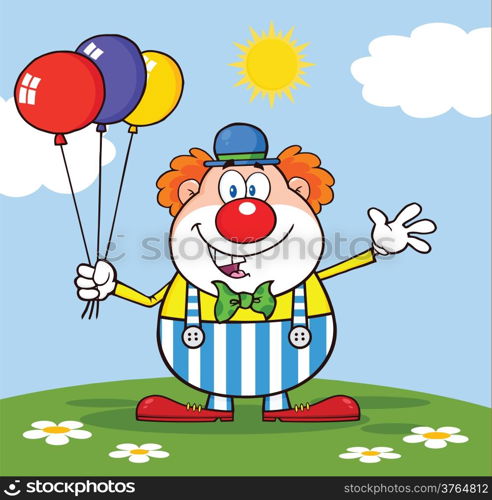 Funny Clown Cartoon Character With Balloons And Waving On Meadow