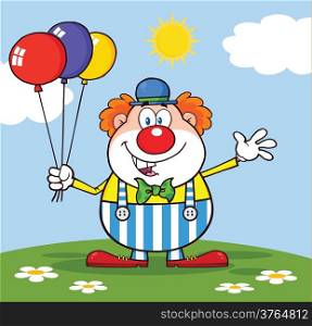 Funny Clown Cartoon Character With Balloons And Waving On Meadow