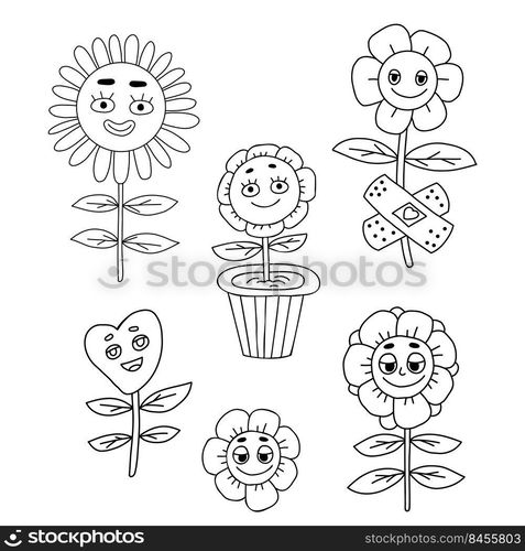 Funny collection characters flowers. Groovy elements funky flower power with patch, in pot, daisy flowers and heart plant. Vector linear hand drawn doodles. Comic retro elements for design and decor