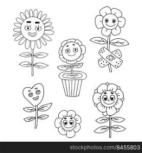 Funny collection characters flowers. Groovy elements funky flower power with patch, in pot, daisy flowers and heart plant. Vector linear hand drawn doodles. Comic retro elements for design and decor