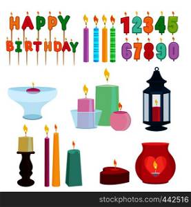 Funny colored candles for birthday party. Cartoon vector set of birthday candle numeral illustration. Funny colored candles for birthday party. Cartoon vector set