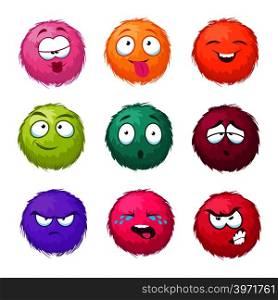 Funny colorful cartoon fluffy ball vector fuzzy characters set. Monsters with different emotion. Cute monster character, illustration of color fuzzy creature. Funny colorful cartoon fluffy ball vector fuzzy characters set. Monsters with different emotion