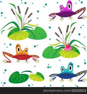 Funny colorful cartoon frogs sitting on green leaves. Vector illustration. Set collection pattern.