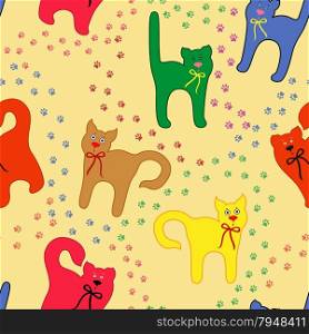 Funny colorful cats on a yellow background with their own traces, cartoon seamless vector pattern
