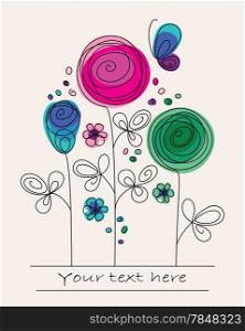 Funny colorful illustration with abstract flowers and butterfly