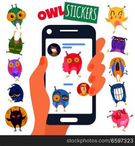 Funny colorful owl stickers showing different emotions for chat flat isolated vector illustration. Owl Stikers Illustration