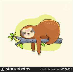 Funny colorful sloth sleeps on the branch.Sluggard for design birthday cards,veterinarian clinic posters,pet shop sale ads,fashion print,stickers,cards,invites.Bear in wild life.Vector illustration.. Funny colorful sloth sleeps on the branch.