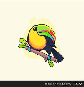 Funny colorful toucan sitting on branch.Bird for design birthday cards,zoo ad,fashion print,stickers,invites,nature concept,children book.Tucan in wild life.South America fauna.Vector illustration.. Funny colorful toucan sitting on branch.