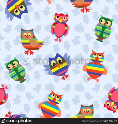 Funny colourful stripy owls on the background with many stylized simple owls, seamless vector pattern