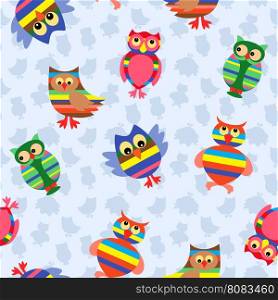 Funny colourful stripy owls on the background with many stylized simple owls, seamless vector pattern