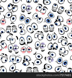 Funny comics eyes background with seamless pattern of shy glances and surprised gazes, sad sights and angry stares of cartoon blue googly eyes. Great for human emotion expression theme or page fill design. Comics googly eyes seamless pattern background
