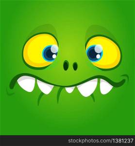 Funny cool cartoon gremlin face. Vector Halloween green monster character