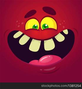 Funny cool cartoon monster face. Vector Halloween red monster character