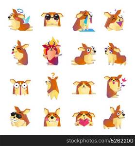 Funny Corgi Dog Cartoon Icons Set . Funny corgi icons collection with heart flower sunglasses devil and angel dog cartoon characters isolated vector illustration