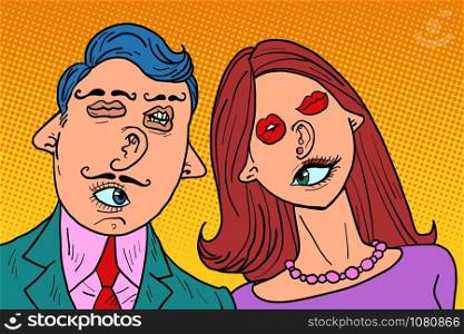 funny couple in love. Mixed faces eyes mouth ears nose. Comic cartoon pop art retro vector illustration drawing. funny couple in love. Mixed faces eyes mouth ears nose