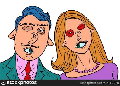 funny couple in love. Mixed faces eyes mouth ears nose. Comic cartoon pop art retro vector illustration drawing. funny couple in love. Mixed faces eyes mouth ears nose