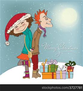 funny couple in the winter, Christmas card in vector format