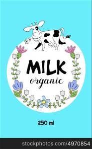 Funny cow in a frame of wild flowers. Organic dairy products. Vector illustration.