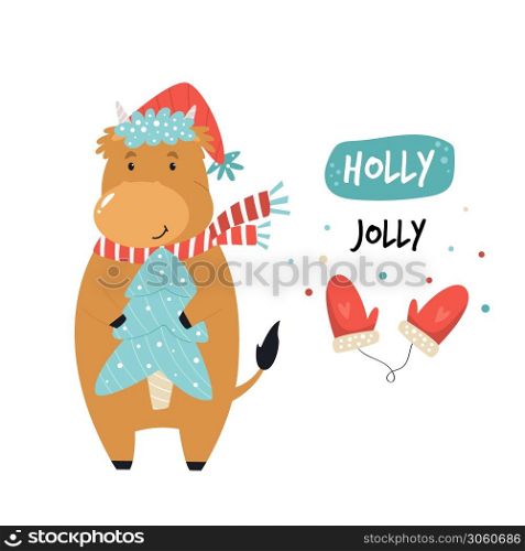 Funny cow in a scarf and hat holding fur tree. Merry Christmas illustration, poster with cute animal and greeting text. Funny cow in a scarf and hat holding fur tree. Winter holiday card