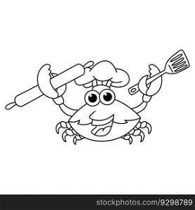 Funny crab chef cartoon characters vector illustration. For kids coloring book.