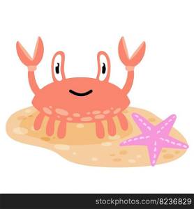 Funny crab on beach. Pink seashell with claws walks along coast. Cute children drawing. Sand with starfish. Flat cartoon. Funny crab on beach. Pink seashell