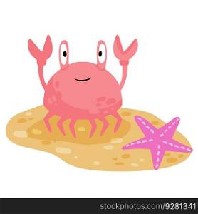 Funny crab on beach. Pink seashell with claws walks along coast. Cute children drawing. Sand with starfish. Flat cartoon. Funny crab on beach. Pink seashell with claws