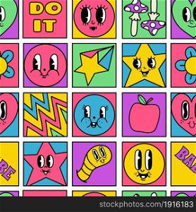Funny crazy characters seamless squares mosaic pattern. Geometric psychedelic comic shapes with 50s retro cartoon faces vector wallpaper set. Star, heart and worm with happy expression. Funny crazy characters seamless squares mosaic pattern. Geometric psychedelic comic shapes with 50s retro cartoon faces vector wallpaper set