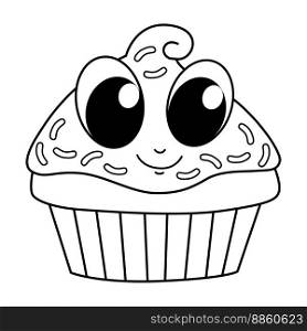 Funny cup cake cartoon characters with cute face vector illustration. For kids coloring book.