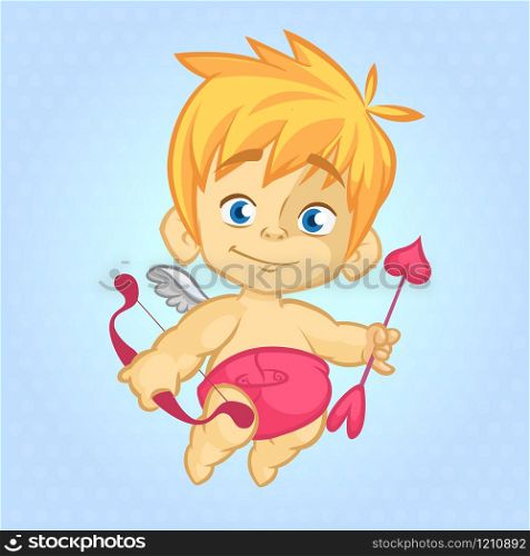 Funny cupid cartoon character with bow and arrow. Vector illustration for Valentine&rsquo;s Day isolated on blue background. Great for cards and decoration