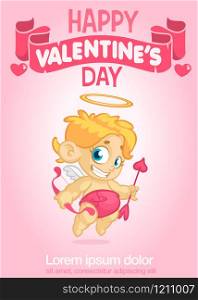 Funny cupid cartoon character with bow and arrow. Vector illustration for Valentine&rsquo;s Day isolated on blue background. Poster for party or invitation
