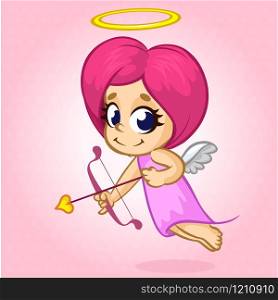 Funny cupid girl aiming at someone. Illustration of a Valentine&rsquo;s Day. Vector. Isolated on rose background