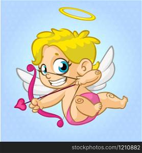 Funny cupid with bow and arrow aiming at someone. Illustration of a Valentine&rsquo;s Day. Vector. Isolated on blue background