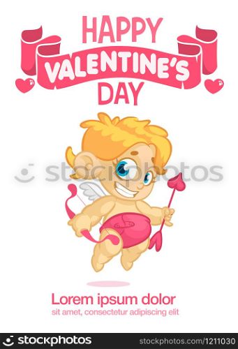 Funny cupid with bow and arrow aiming at someone. Cartoon illustration of a Valentine&rsquo;s Day. Vector