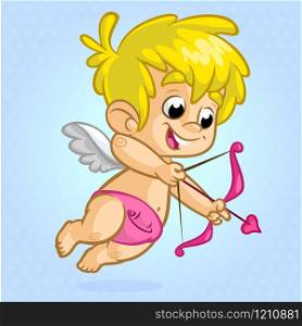 Funny cupid with bow and arrow. Illustration of a Valentine&rsquo;s Day. Vector. Isolated on blue background