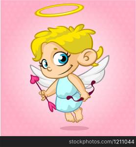 Funny cupid with bow and arrow. Illustration of a Valentine&rsquo;s Day. Vector. Isolated on rose background
