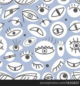 Funny cute abstract eyes on a blue background. Line art. Seamless vector pattern.