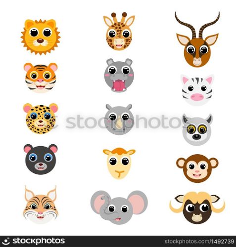 Funny cute african animal heads. Cartoon characters. Flat vector stock illustration on white background. Cute heads of giraffe, gazelle, elephant, hippo, jaguar, lion, monkey, camel, rhinoceros, zebra
