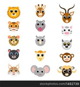 Funny cute african animal heads. Cartoon characters. Flat vector stock illustration on white background. Cute heads of giraffe, gazelle, elephant, hippo, jaguar, lion, monkey, camel, rhinoceros, zebra