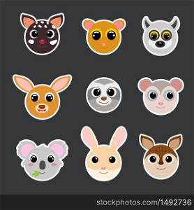 Funny cute animals head stickers. Cartoon characters. Flat vector stock illustration. Cute heads of sloth, kangaroo, koala, opossum, jerboa, lemur, tarsier, xenurine, quoll