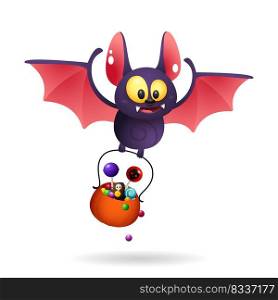 Funny cute bat carrying treats. Halloween character, animal, flight. Halloween concept. Realistic vector illustration can be used for topics like party, holiday, spooky night